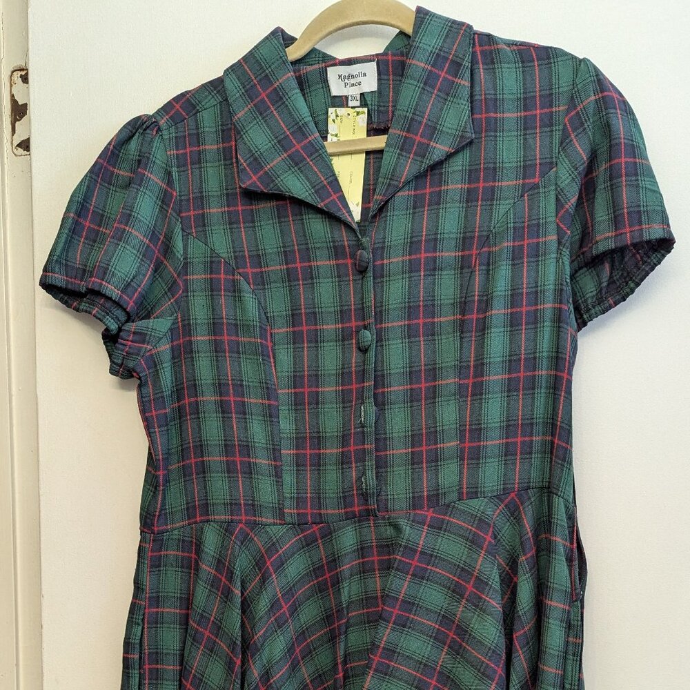 Unique Vintage Magnolia Place Hunter Green Plaid Swing Dress 3XL BNWT